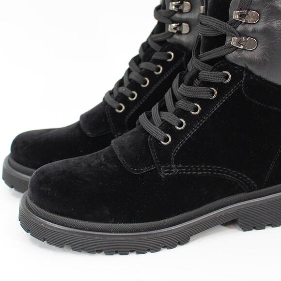 Moncler Patty Black Velvet Leather Trim Lace Up Tie Combat Boots 36 Ankle Bootie - Picture 3 of 9
